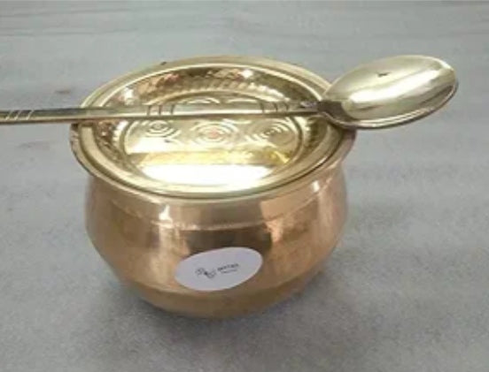 Pure Bronze Cookware Pot with Lid and Ladle Handi Vengala Paruppu Urli Kansa Patra Kancina Patre, 2Litre