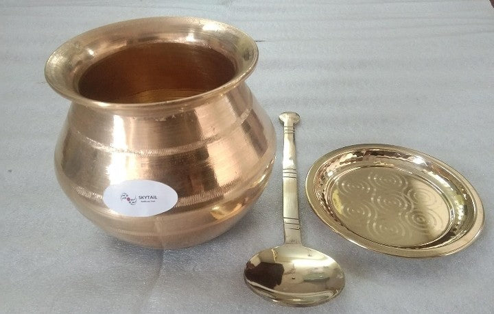 Vengala Panai Bronze Pot Cookware with Lid and Ladle Handi Urli Kansa Patra Kancina Patre, 3L, 1 Piece (Gold)