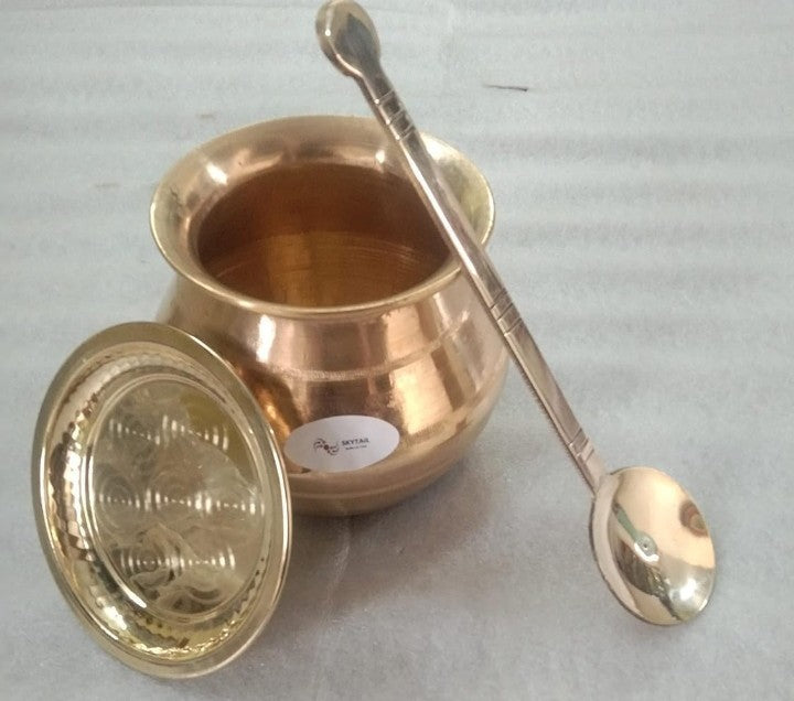 Vengala Panai Bronze Pot Cookware with Lid and Ladle Handi Urli Kansa Patra Kancina Patre, 3L, 1 Piece (Gold)