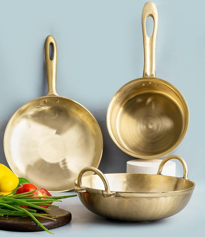 Traditional Bronze/Kansa Kitchen Cooking Utensils Combo Pack, Toxin-Free, No Chemical Coating (Kadai, Saute/Fry pan and Milk Sauce Pan)combo