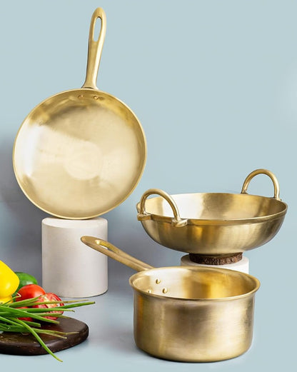 Traditional Bronze/Kansa Kitchen Cooking Utensils Combo Pack, Toxin-Free, No Chemical Coating (Kadai, Saute/Fry pan and Milk Sauce Pan)combo