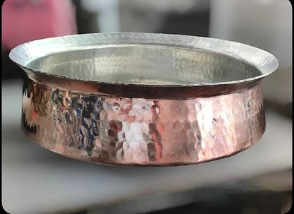 Pure Copper Hammered Lagan Handi Chaffing Dish Pan with Tin Lining (Kalai) userd for Cooking & Serving (7 Liter)