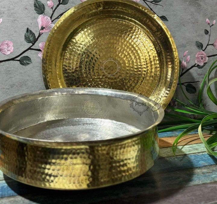 Brass/Pital Non Stick Lagan for Cooking 14 Inch with Lid and Tin/Kalai Plating Inside – Handcrafted  capacity 6 Litre